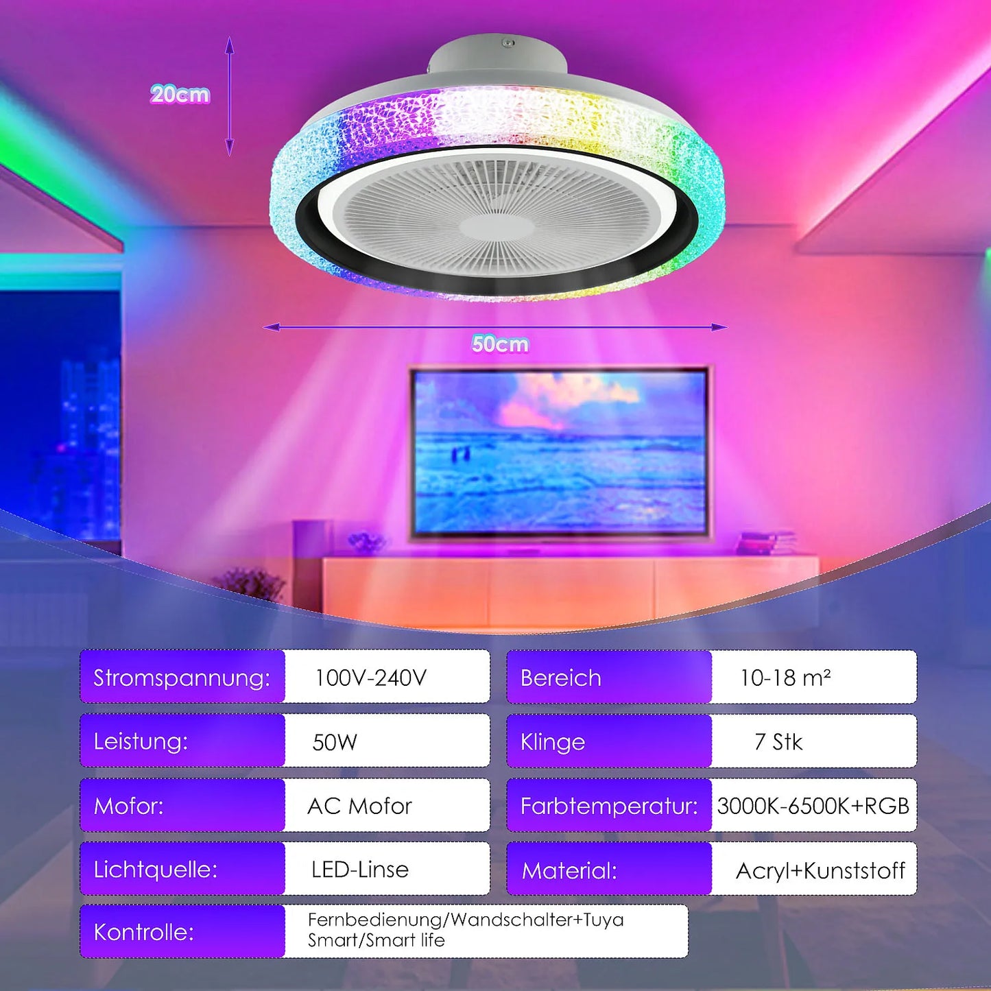 LED Deckenventilator mit Licht – RGB, Dimmbar, Fernbedienung
