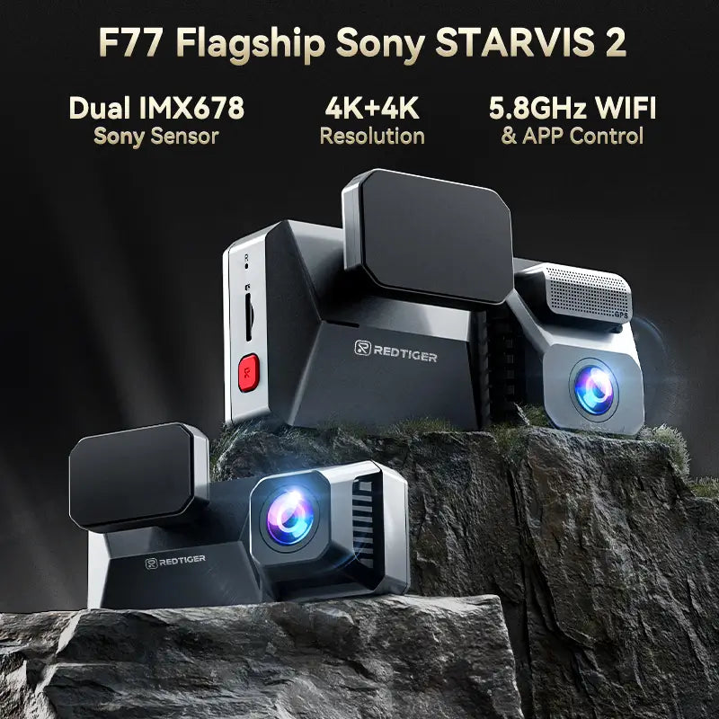 F77 Dual 4K Dashcam mit SONY STARVIS 2 IMX678 – Front- und Rückkamera, Sprachsteuerung, 5.8GHz WLAN, Nachtsicht