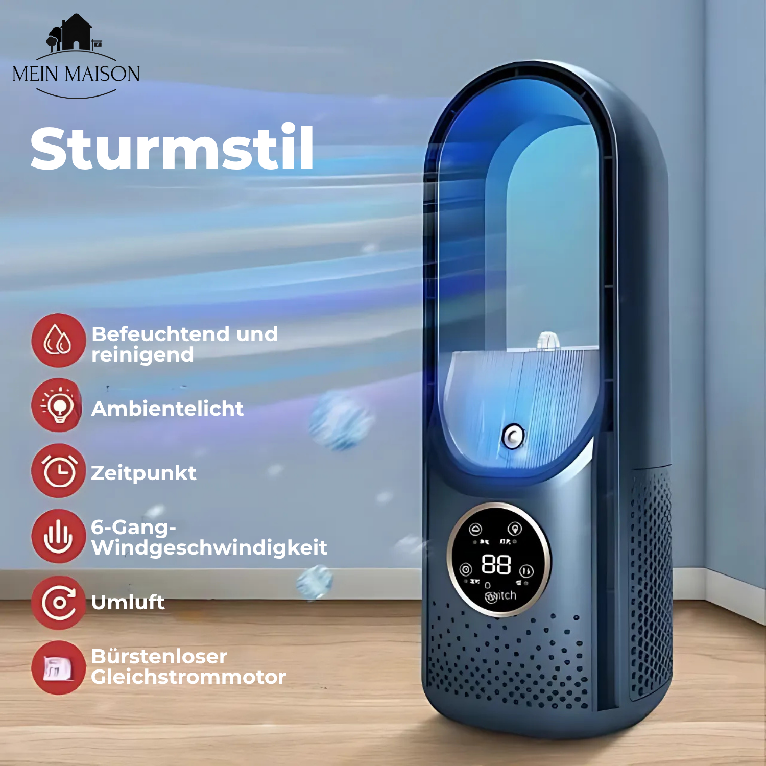 Airevo Luftkühler | Bladeless USB-Ventilator | 6 Stufen | Leise & Mit Timer | Luftbefeuchtung
