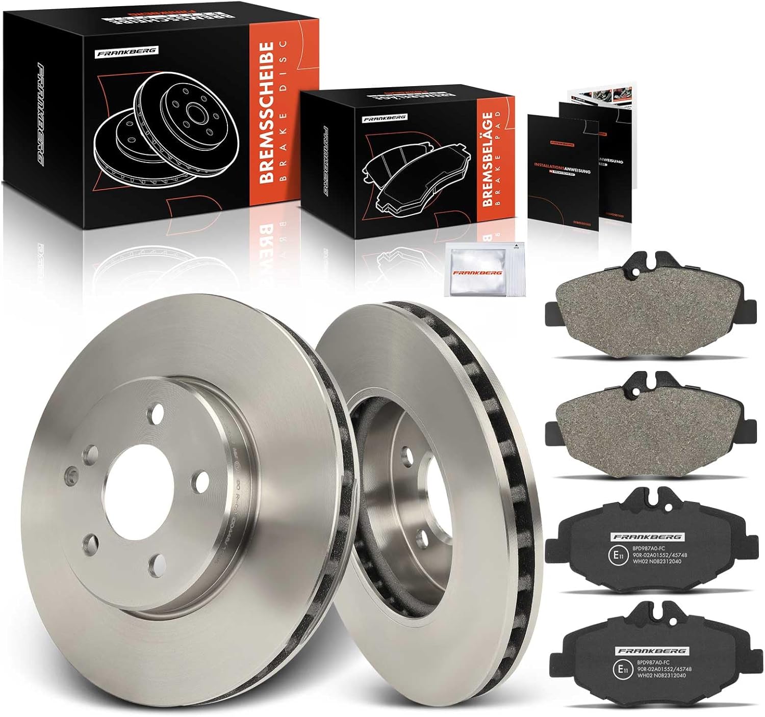 2x Bremsscheiben + 4x Bremsbeläge Vorderachse mit Bremsfett für Mercedes E-Klasse W211/S211 (2002-2009) – Ersatz für 0034209920