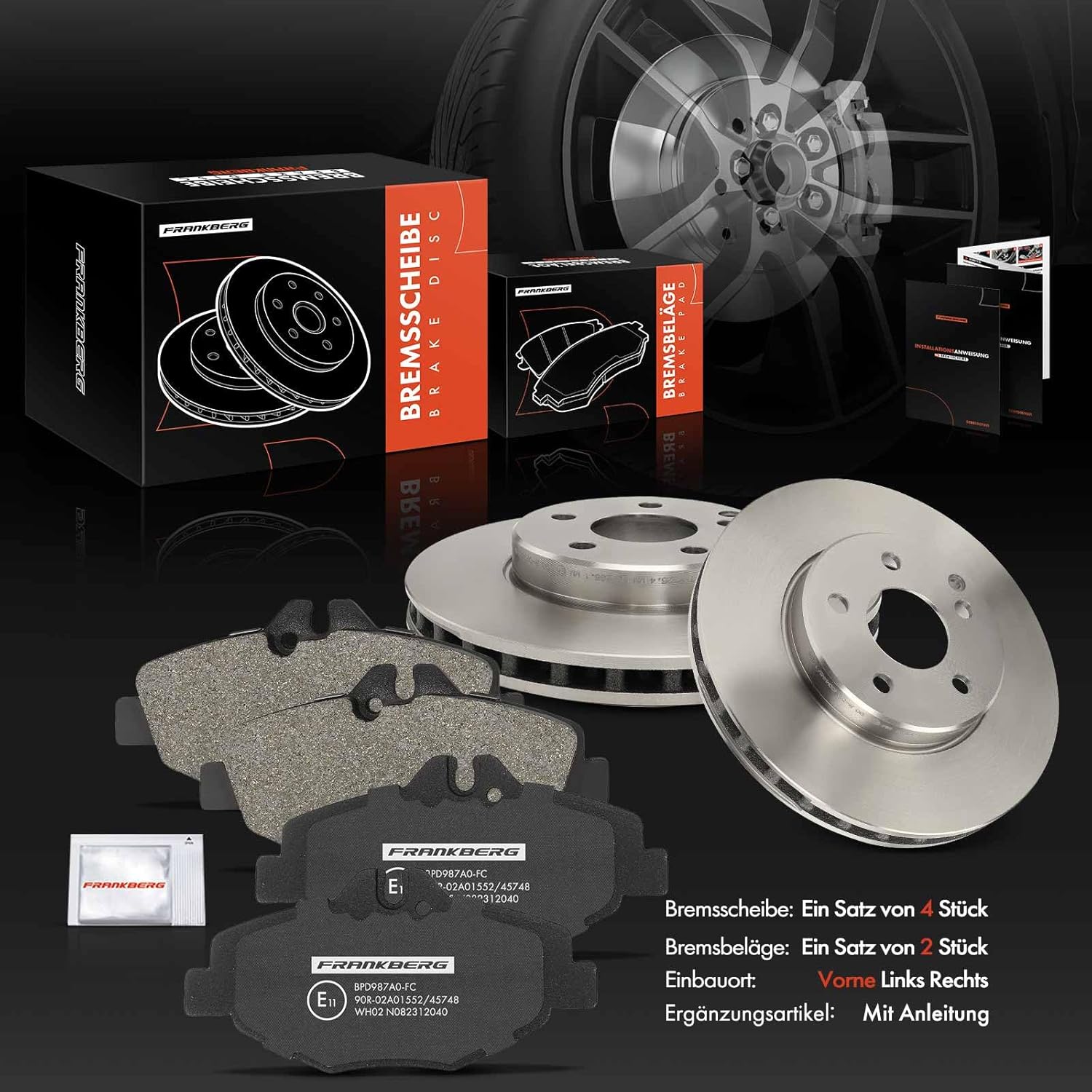 2x Bremsscheiben + 4x Bremsbeläge Vorderachse mit Bremsfett für Mercedes E-Klasse W211/S211 (2002-2009) – Ersatz für 0034209920