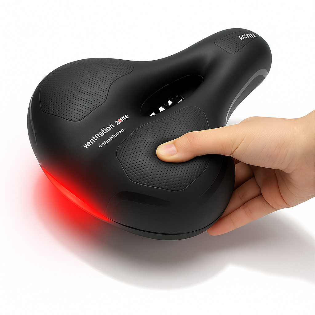 Bequemer Fahrradsattel mit LED-Rücklicht • Extra breite, stoßdämpfende Sattelkomfort