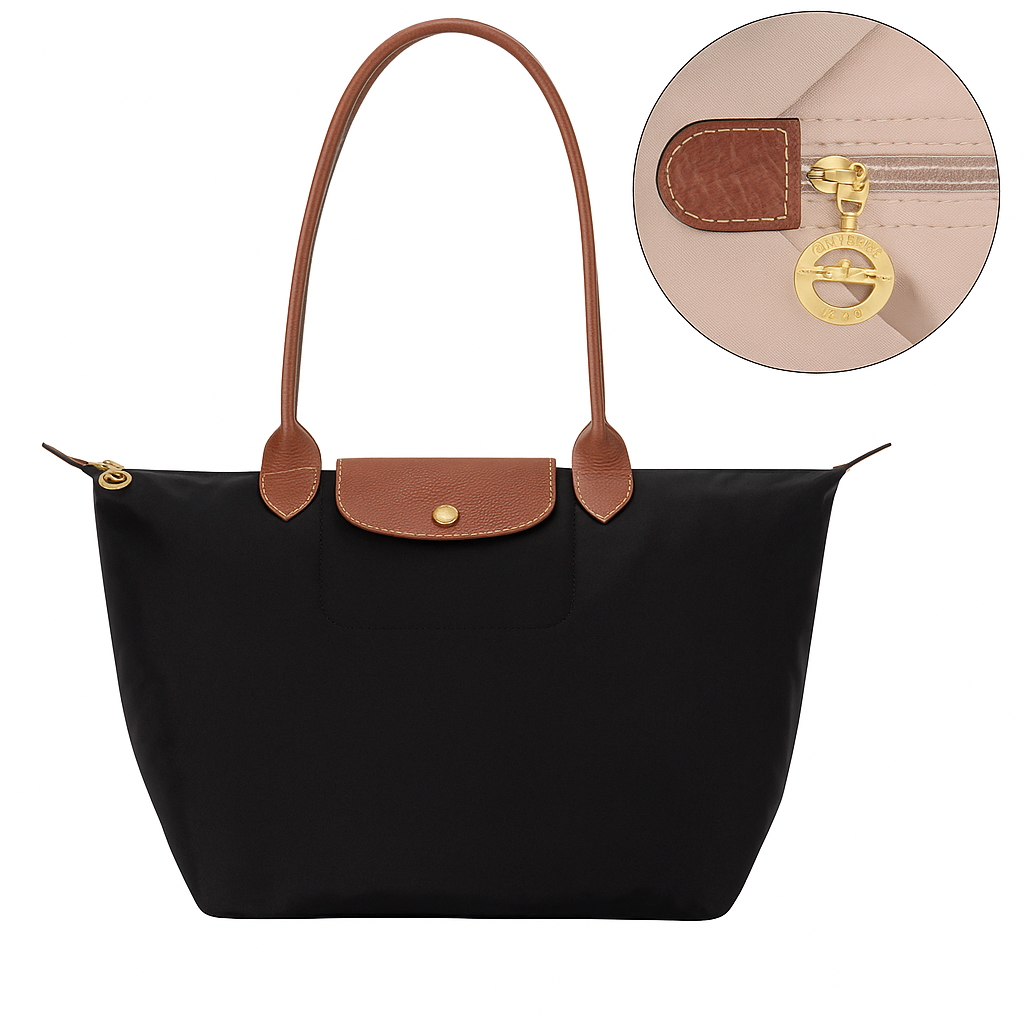 Aisling Premium Faltbare Damenhandtasche – Wasserabweisendes Nylon, Echtleder-Details & Gold-Reißverschluss