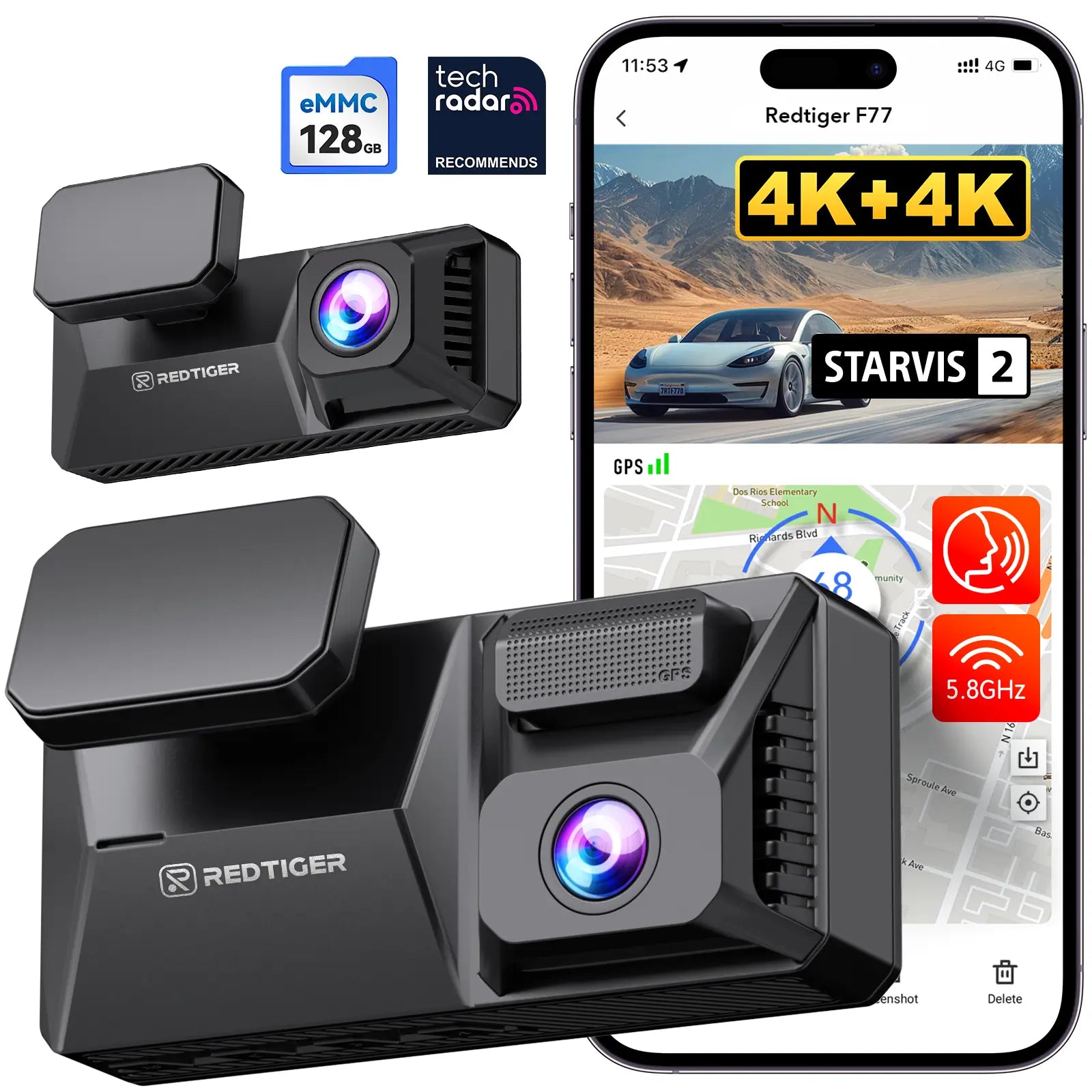 F77 Dual 4K Dashcam mit SONY STARVIS 2 IMX678 – Front- und Rückkamera, Sprachsteuerung, 5.8GHz WLAN, Nachtsicht