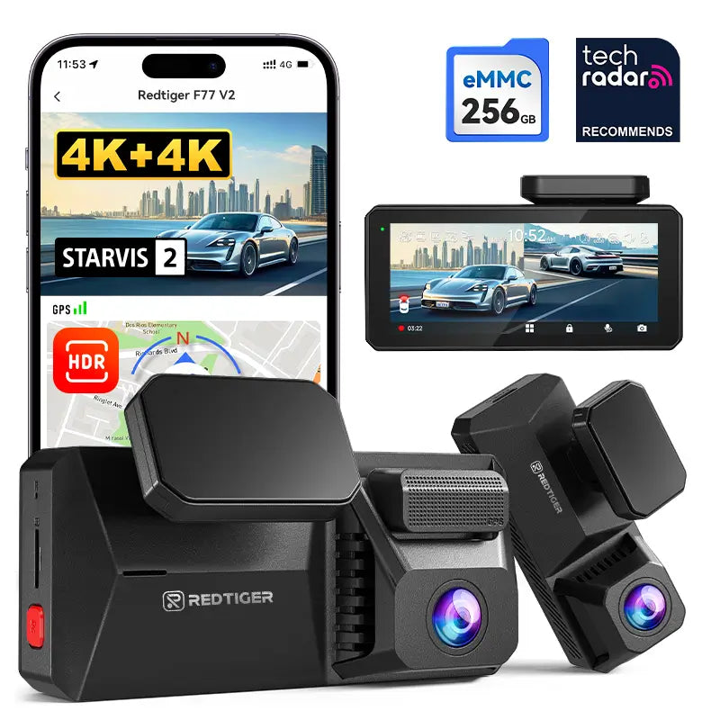 F77 Dual 4K Dashcam mit SONY STARVIS 2 IMX678 – Front- und Rückkamera, Sprachsteuerung, 5.8GHz WLAN, Nachtsicht