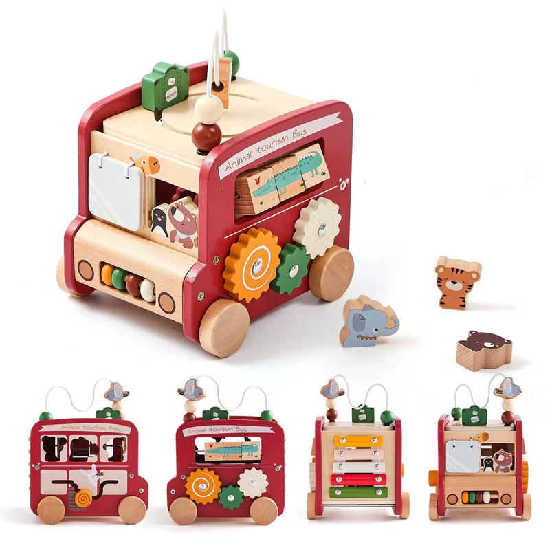 Montessori 5-in-1 Wooden Activity Bus – Play, Learn, and Grow