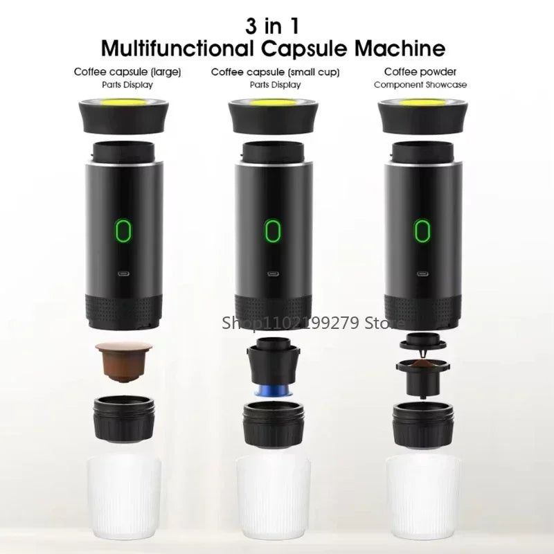 Brewvivo Elektrische Espressomaschine kabellos | 3-in-1 für Kapseln & Kaffeepulver | Tragbar für Reise, Auto & Camping
