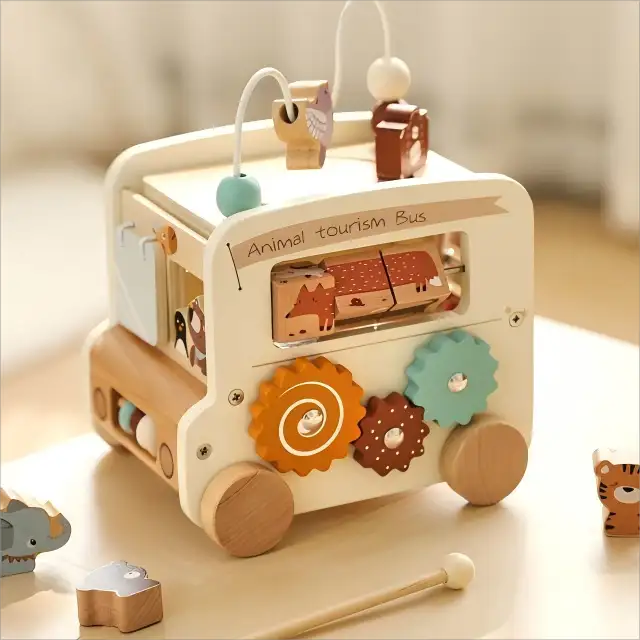 Montessori 5-in-1 Wooden Activity Bus – Play, Learn, and Grow